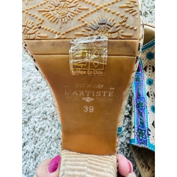 L"Artiste by Spring Step VTG Floral Tan-Teal Laser-Cut Floral Slingback Heels 39 - Picture 7 of 8